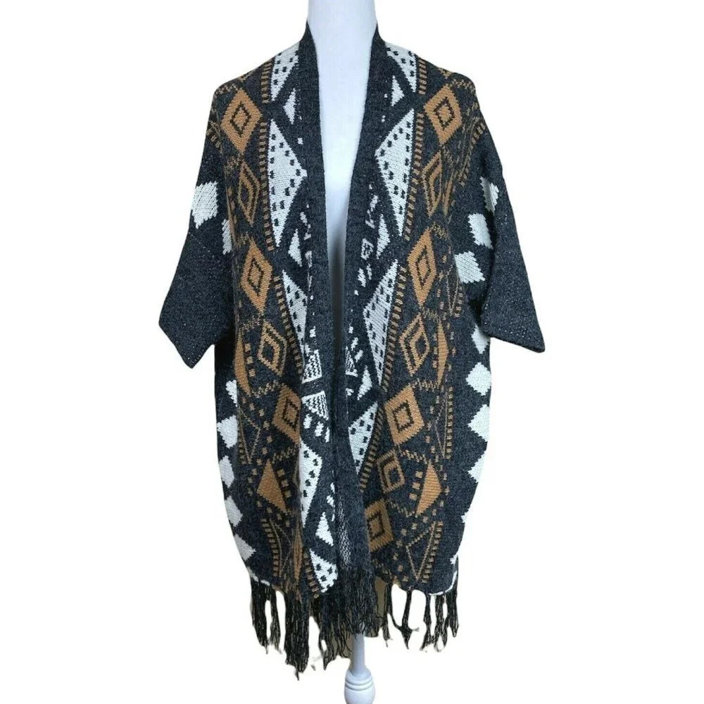 Fringe Cardigan Sweater Open Front Women’s Southwest Aztec Design Re-Order
